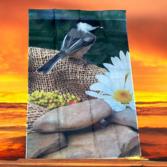Black Capped Chickadee Bird Garden Flag Rock Daisy Flower Yard Decor 27" x 41" - Picture 1 of 6